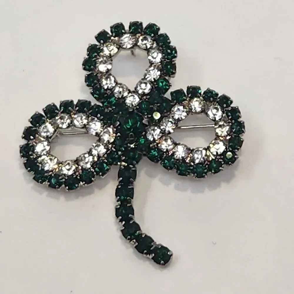 Shamrock Clover Green Clear Crystal Brooch Pin Signed FL 2011 Lucky Prong Set